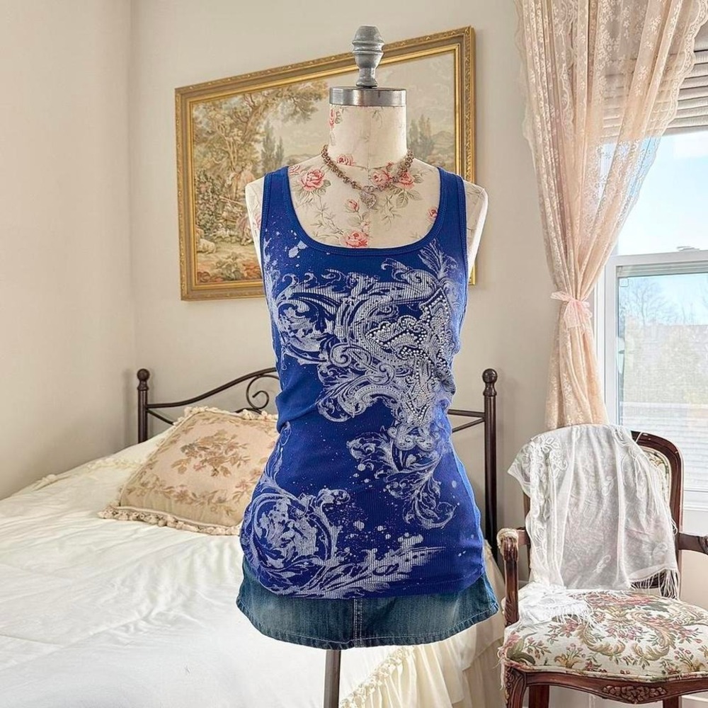 blue rhinestone mcbling tank  y2k zona libre blue graphic tank top size large